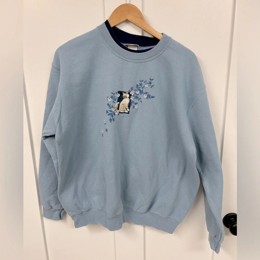 Vintage 90s Top Stitch xL grandma sweater pullover cat embroidery blue floral